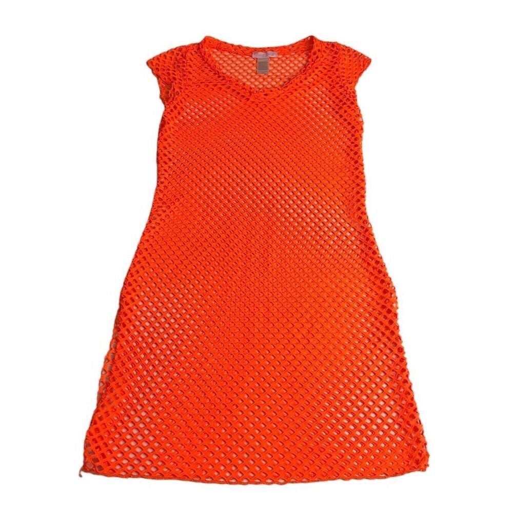 Emme Jordan Top Womens M Orange Mesh Fishnet‎ Mini Dress Swim Cover Y2K Rave